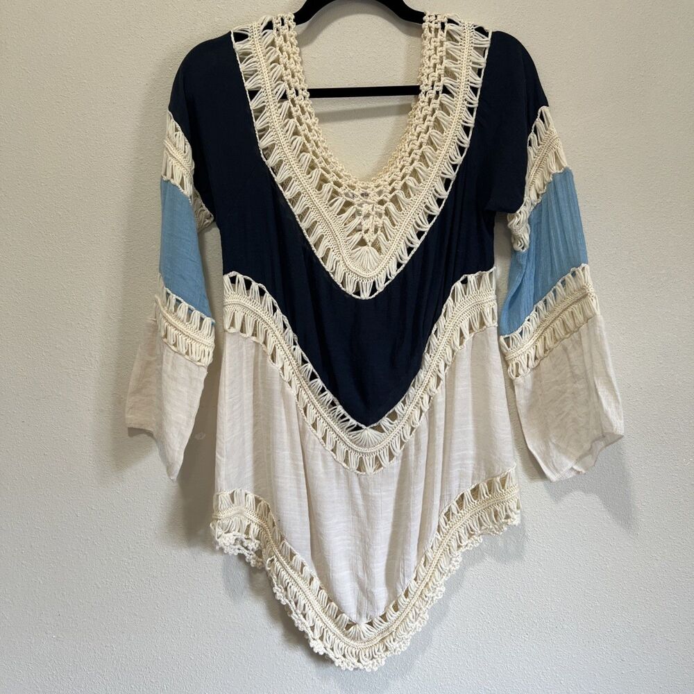 Women’s Crochet Boho Festival Handkerchief Blouse Sheer Fairy Fringe - Picture 2 of 7